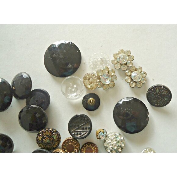 42 Vintage Glass Buttons & Rhinestone Buttons Collection Jet Black - Picture 2 of 5